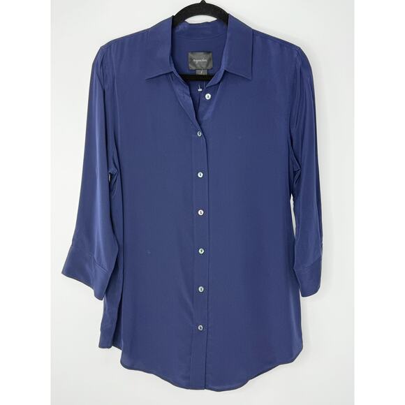 Magaschoni 100% Silk Button Down Navy Blue Blouse M Quiet Luxury Mininalist - Picture 1 of 6